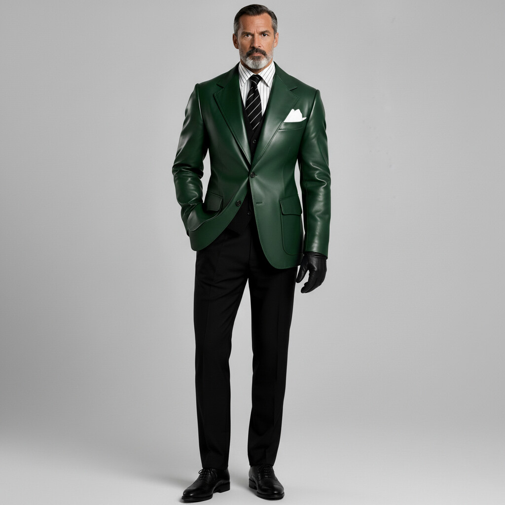Men's Dark Green PU Leather Notched Lapel Single Breasted Flap Pockets Long Sleeve Blazer