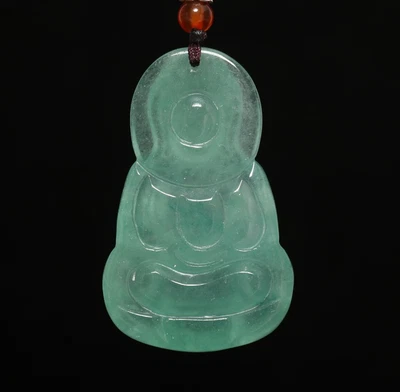30G Chinese Natural Green Jadeite Jade Pendant w/Guanyin Buddha