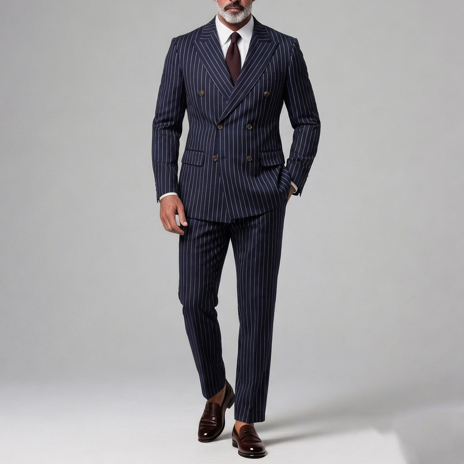 Men's Business Striped Peak Lapel Double Breasted Long Sleeve Blazer & Pants 2Pcs Set