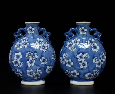 Pair Qianlong Singed Old Chinese Blue and White Vase W/plum blossom