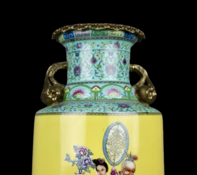 45CM Qianlong Signed Old Chinese Famille Rose Vase w/figure N3898