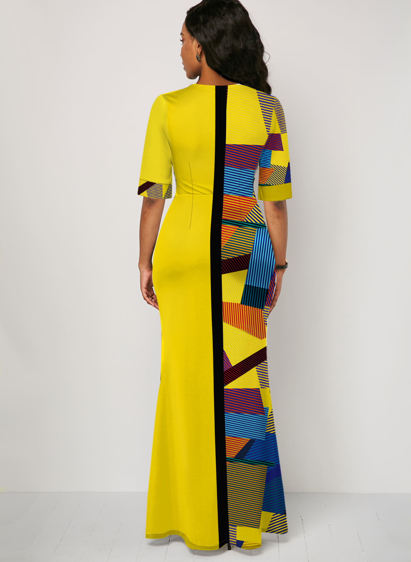 Half Sleeve Geometric Print Yellow Slit Dress