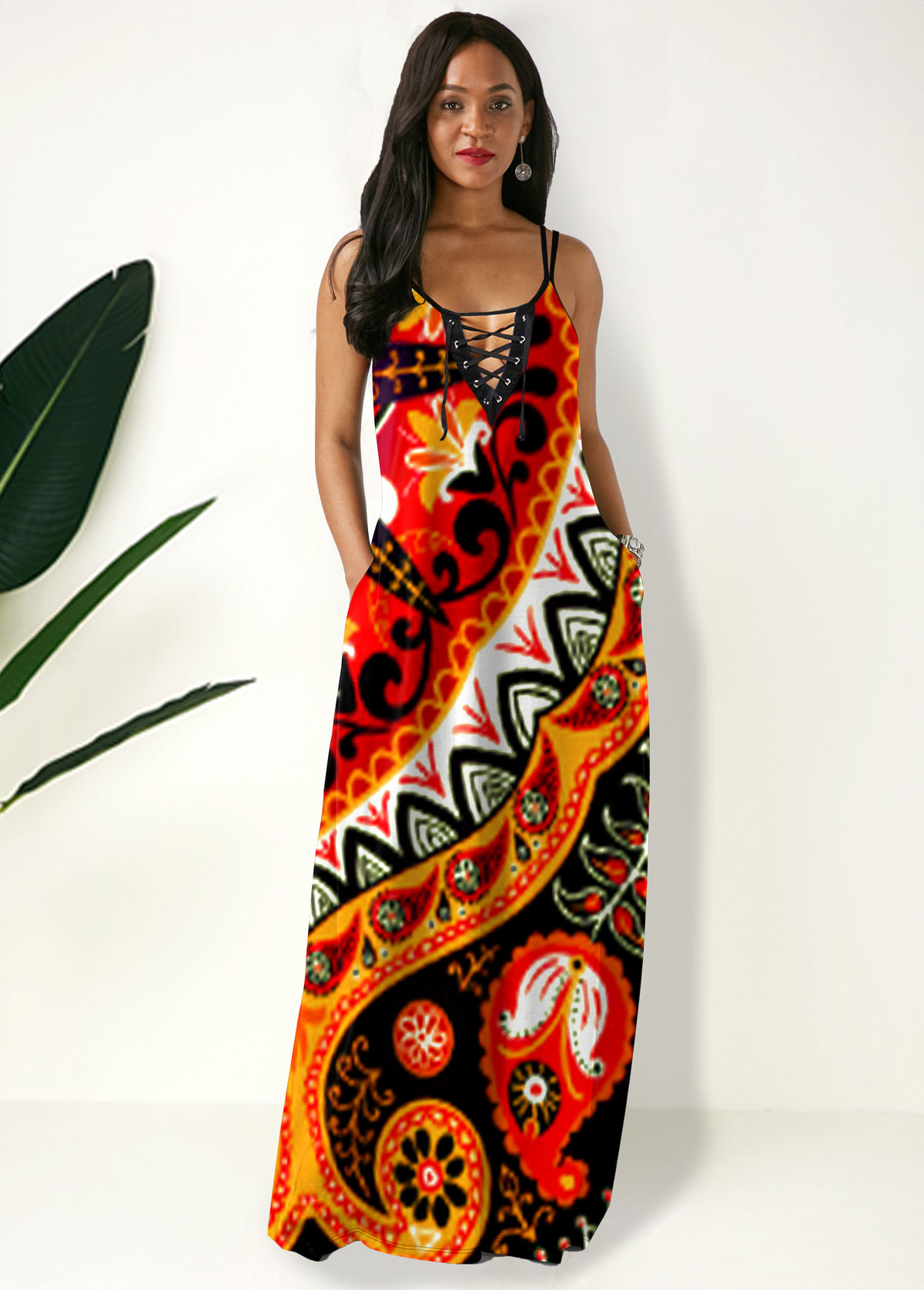 Side Pocket Tribal Print Spaghetti Strap Maxi Dress