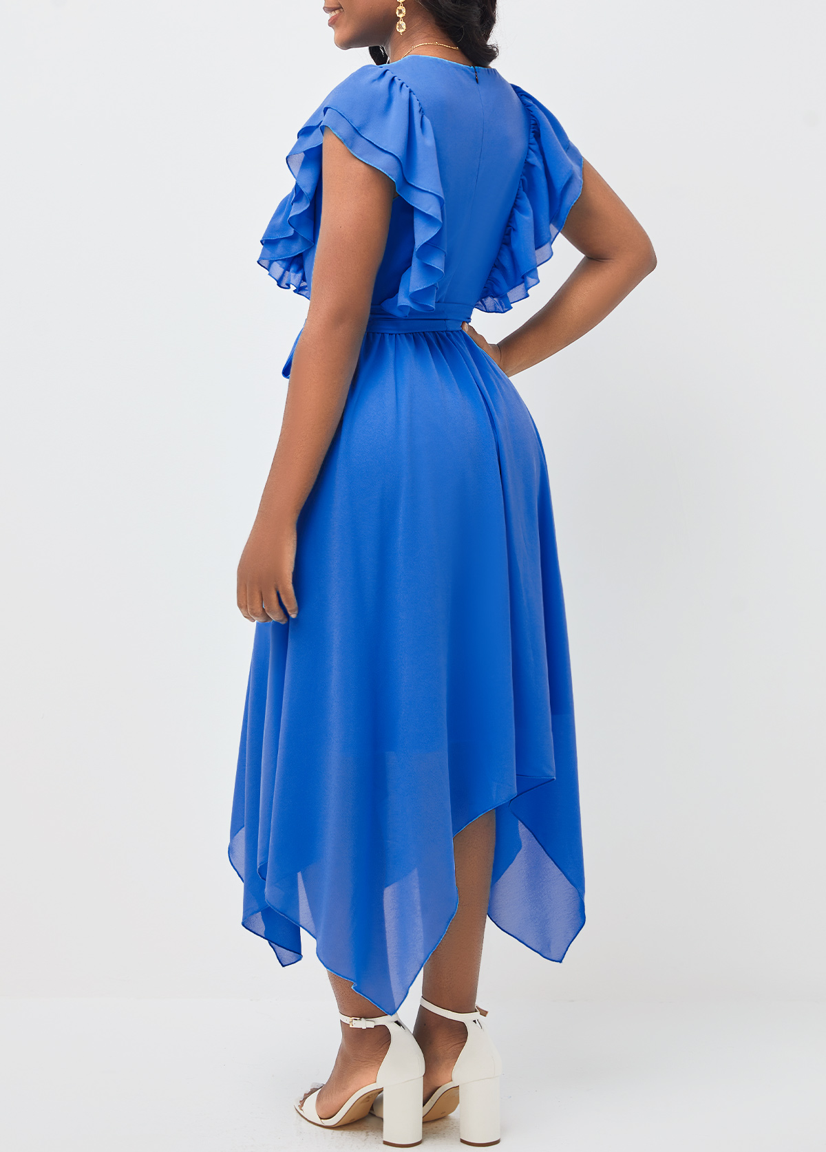Blue Asymmetric Hem Belted V Neck Dress