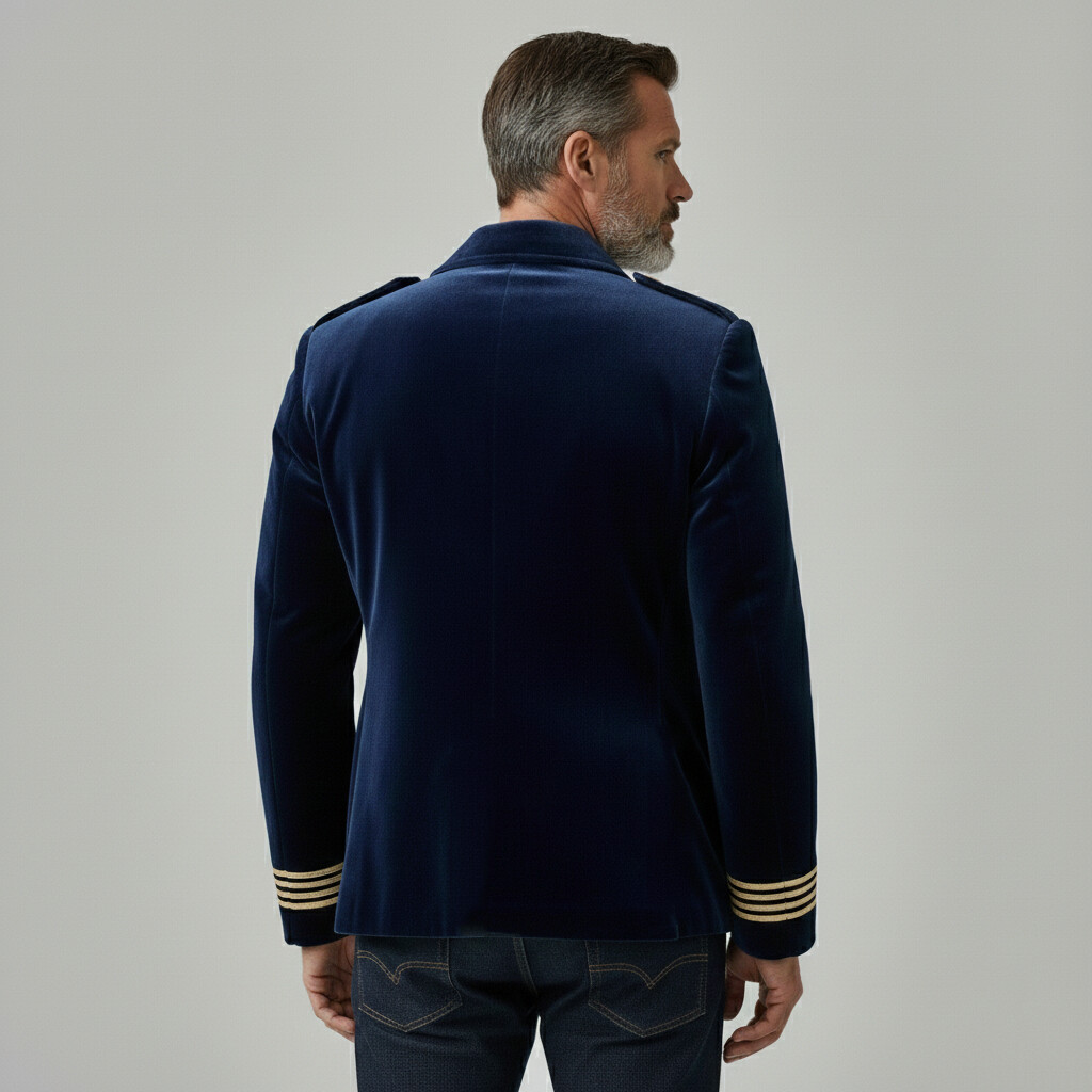 [Pre-Order] Men's Navy Blue Velvet Lapel Collar Double Breasted Pocket Striped Cuff Long Sleeve Jacket