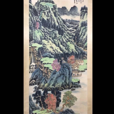 Xie Liuzhi Signed Chinese Hand Painted Calligraphy Scroll w/landscape N4075