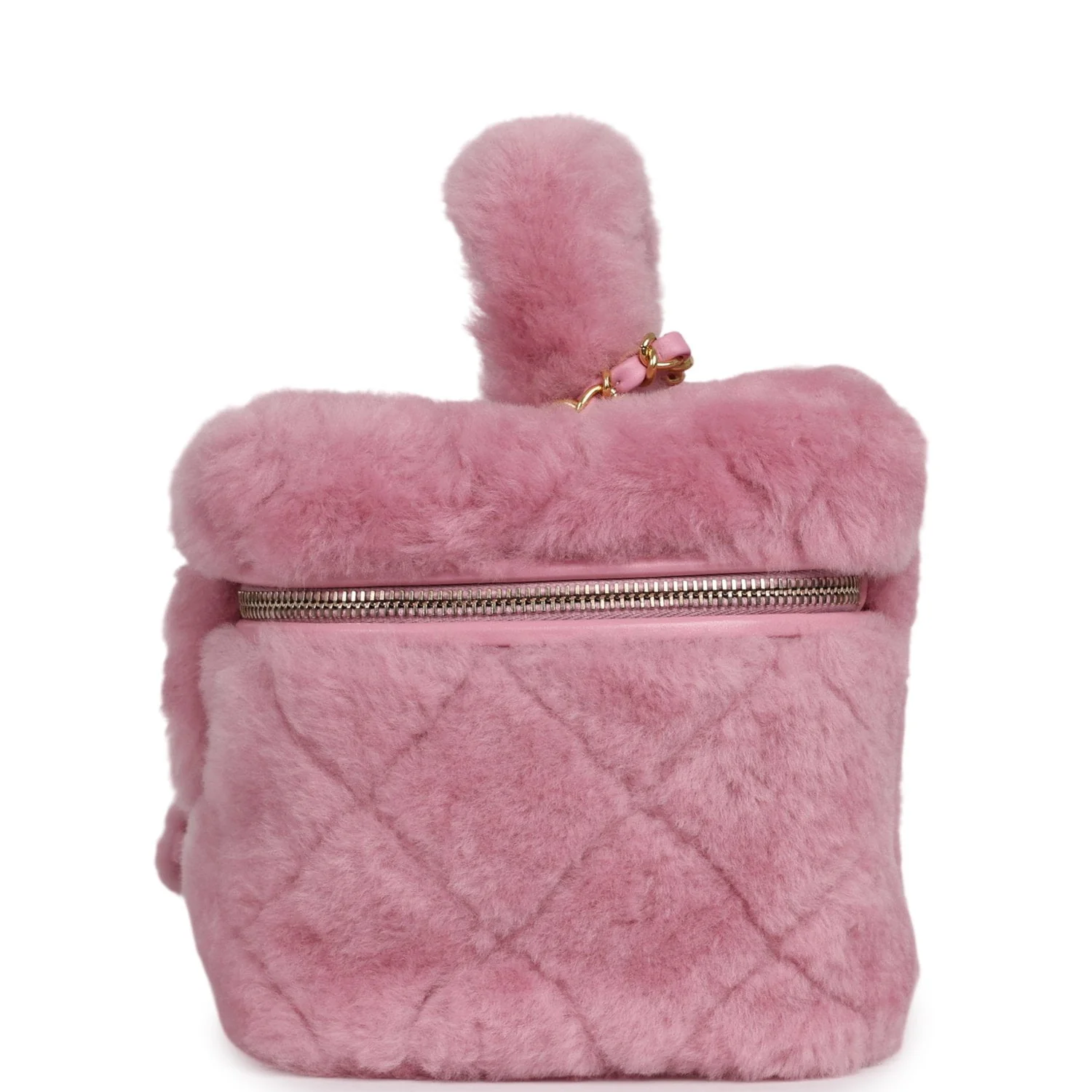 Chanel Small Top Handle Square Vanity Case With Chain Pink Shearling Lambskin Gold Hardware