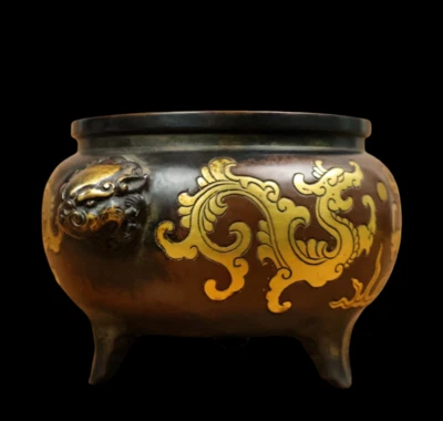 Xuande Signed Old Chinese Red Copper Handmade Incense Burner w/dragon N3863