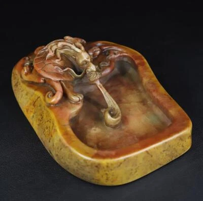 790g Signed Old Chinese Shoushan Stone Statue Brush Washer w/dragon CK287