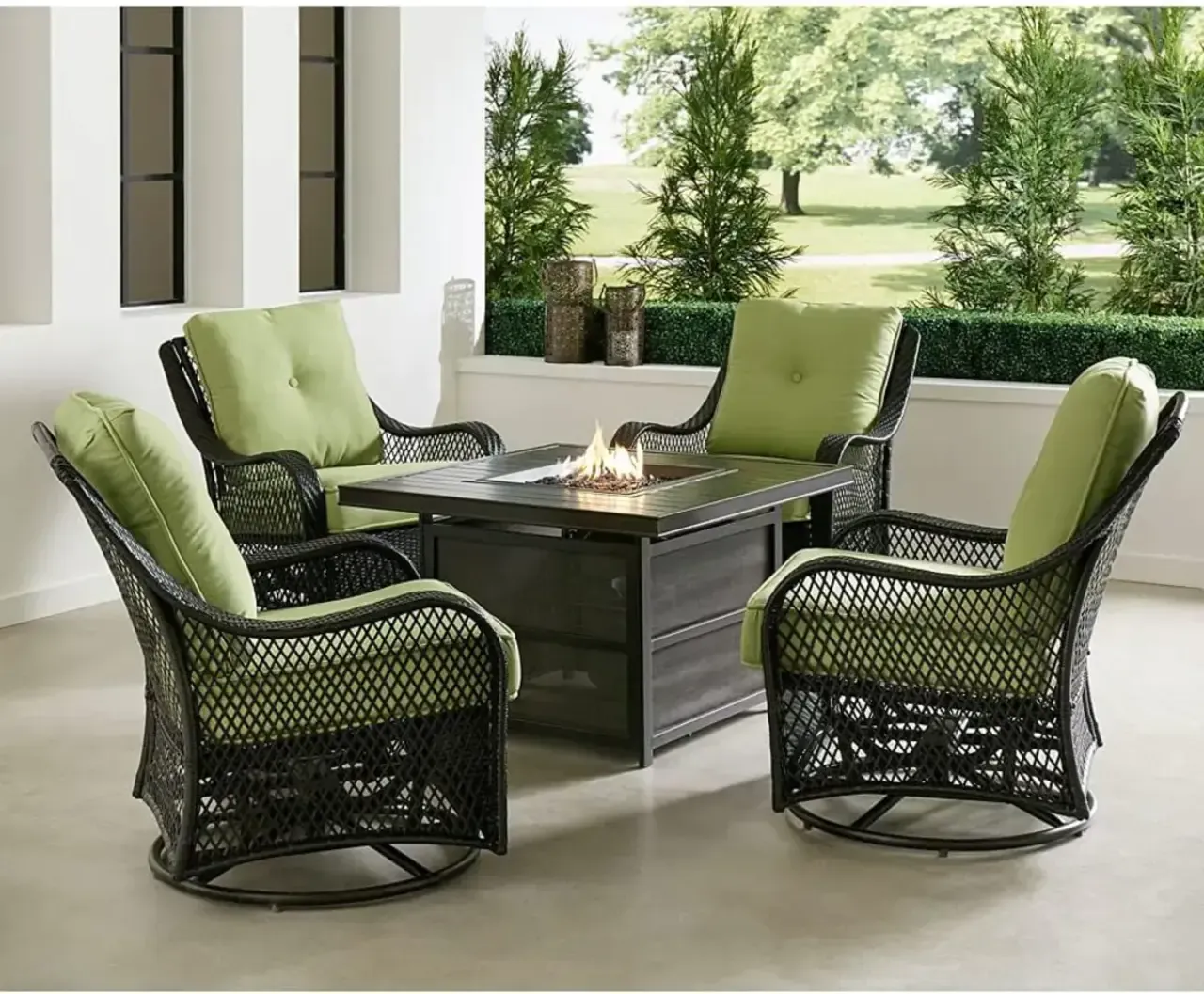 💥Clearance Sale🔥5-Piece Steel Patio Fire Pit Conversation Set with Navy Blue Cushions, Swivel Gliders and Square Fire Pit Table