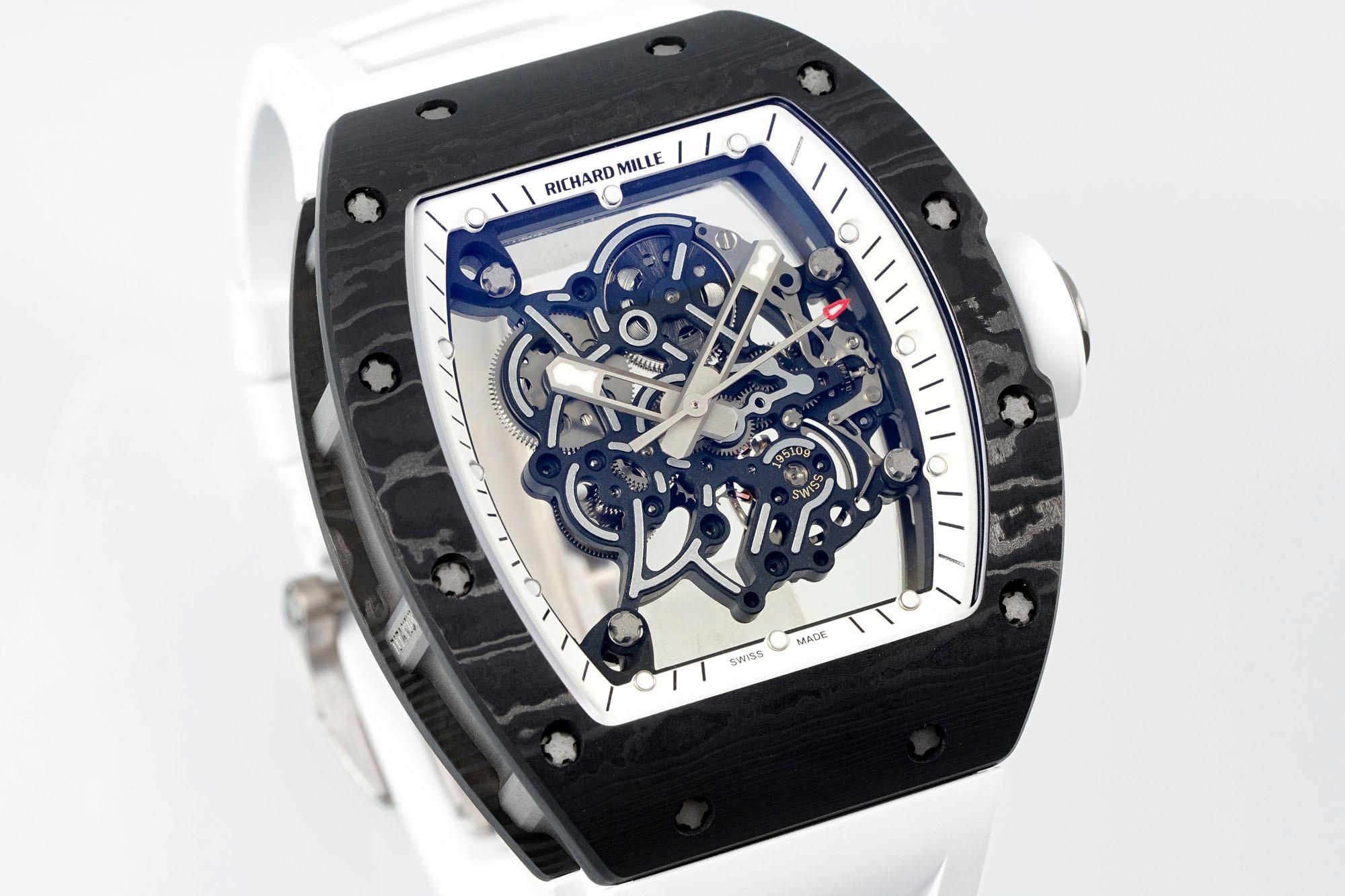【7A Quality】Richard Mille RM055 Skeleton Swiss Replica, Titanium Carbon Fiber Case, White Rubber Strap