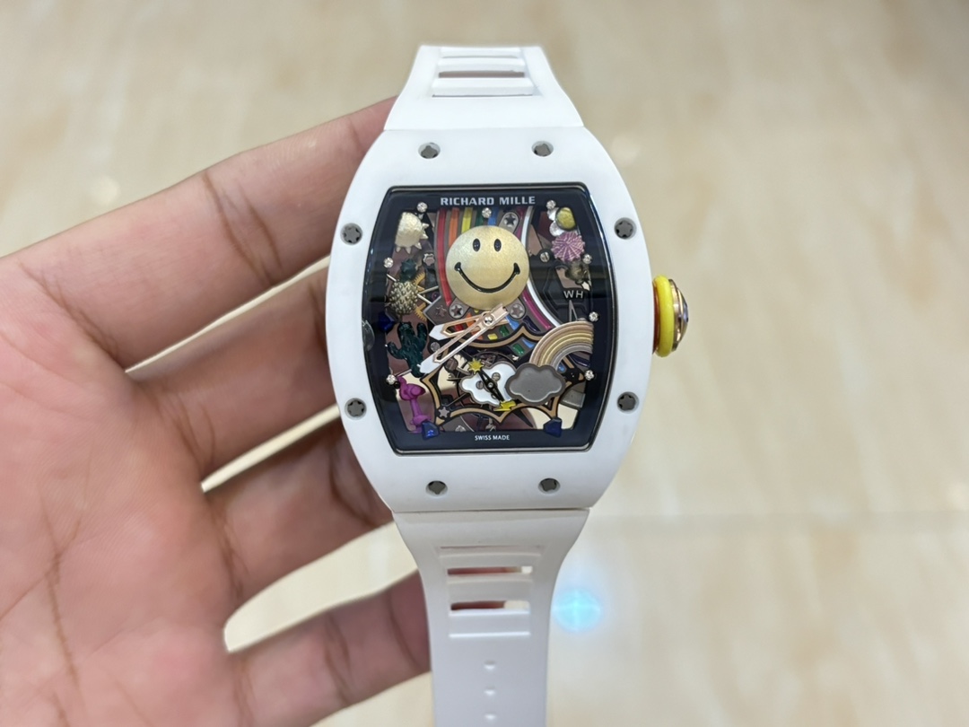 【7A Quality】Best Richard Mille RM 88 Smiley Replica Swiss Automatic Tourbillon Watch with White Rubber Strap
