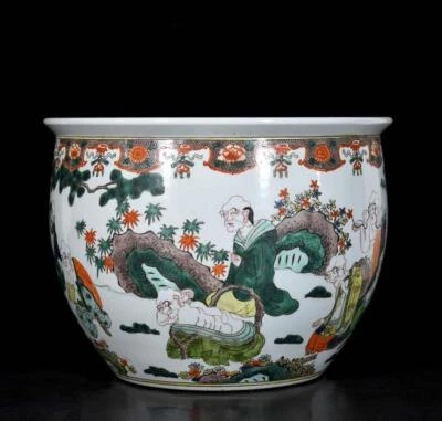 41CM Kangxi Singed Old Chinese Wucai Pot W/luohan Buddha N3593