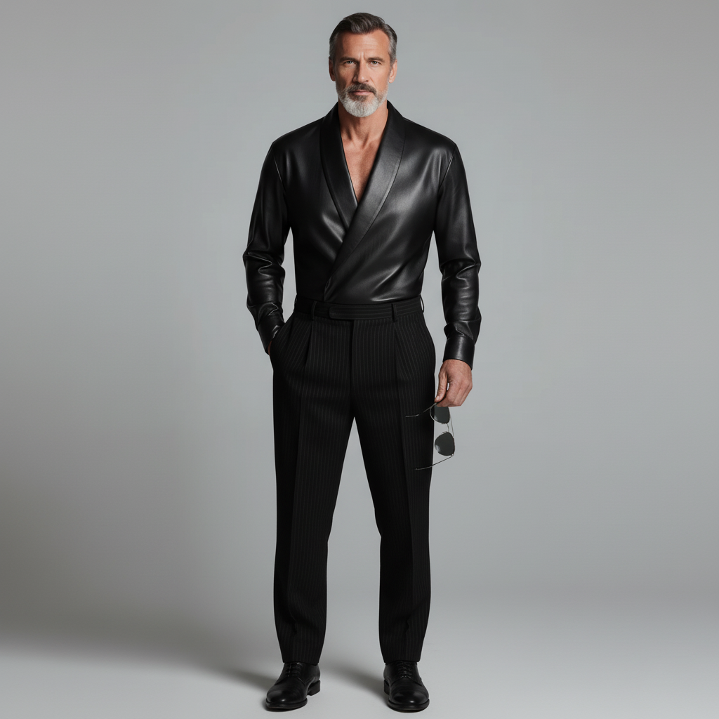 Men's Black PU Leather Shawl Lapel Wrap Long Sleeve Shirt