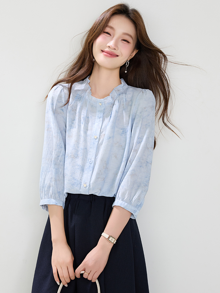 Loose bud collar shirt blooming simple tops for women