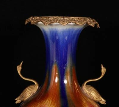 28CM Old Chinese Jun Kiln Yaobian Glaze Vase w/crane N1387