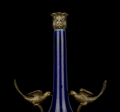 46CM Kangxi Signed Old Chinese Blue Glaze Vase w/bird N3899