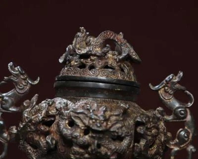 Qianlong Signed Old Chinese Bronze Incense Burner w/dragon N2840