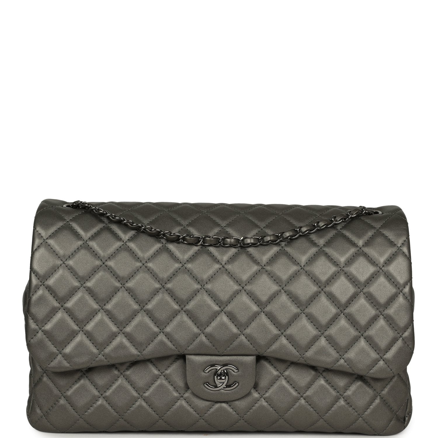 CHANEL XXL Classic Single Flap Bag Dark Grey Metallic Lambskin Ruthenium Hardware