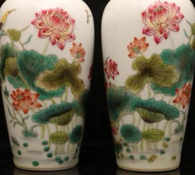 Yongzheng Signed Pair Old Chinese Famille Rose Vase W/louts flower N1435
