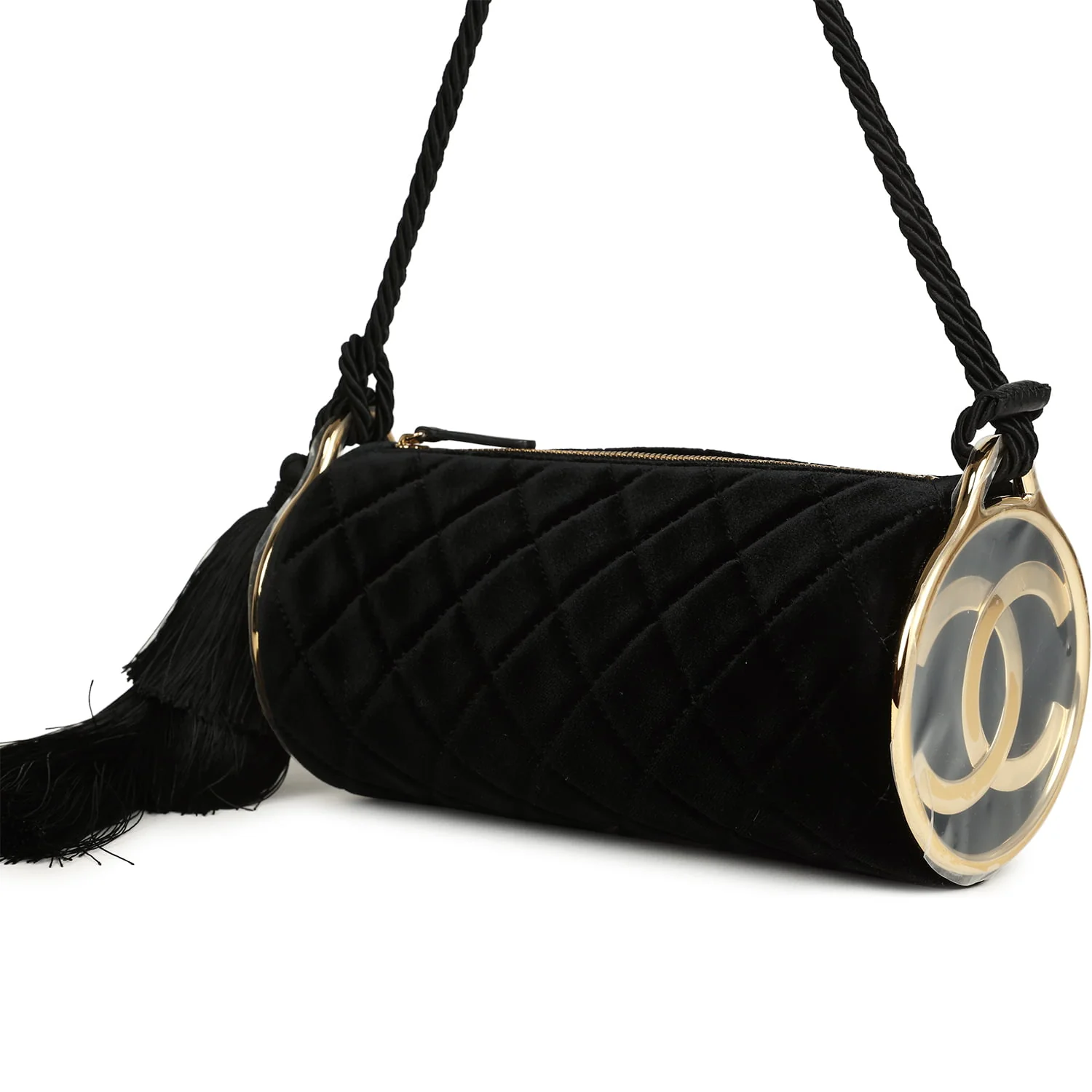 Chanel Tassel Barrel Bag Black Velvet Gold Hardware