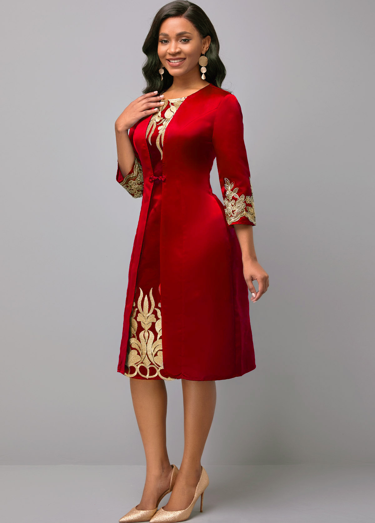 3/4 Sleeve Round Neck Embroidered Dress