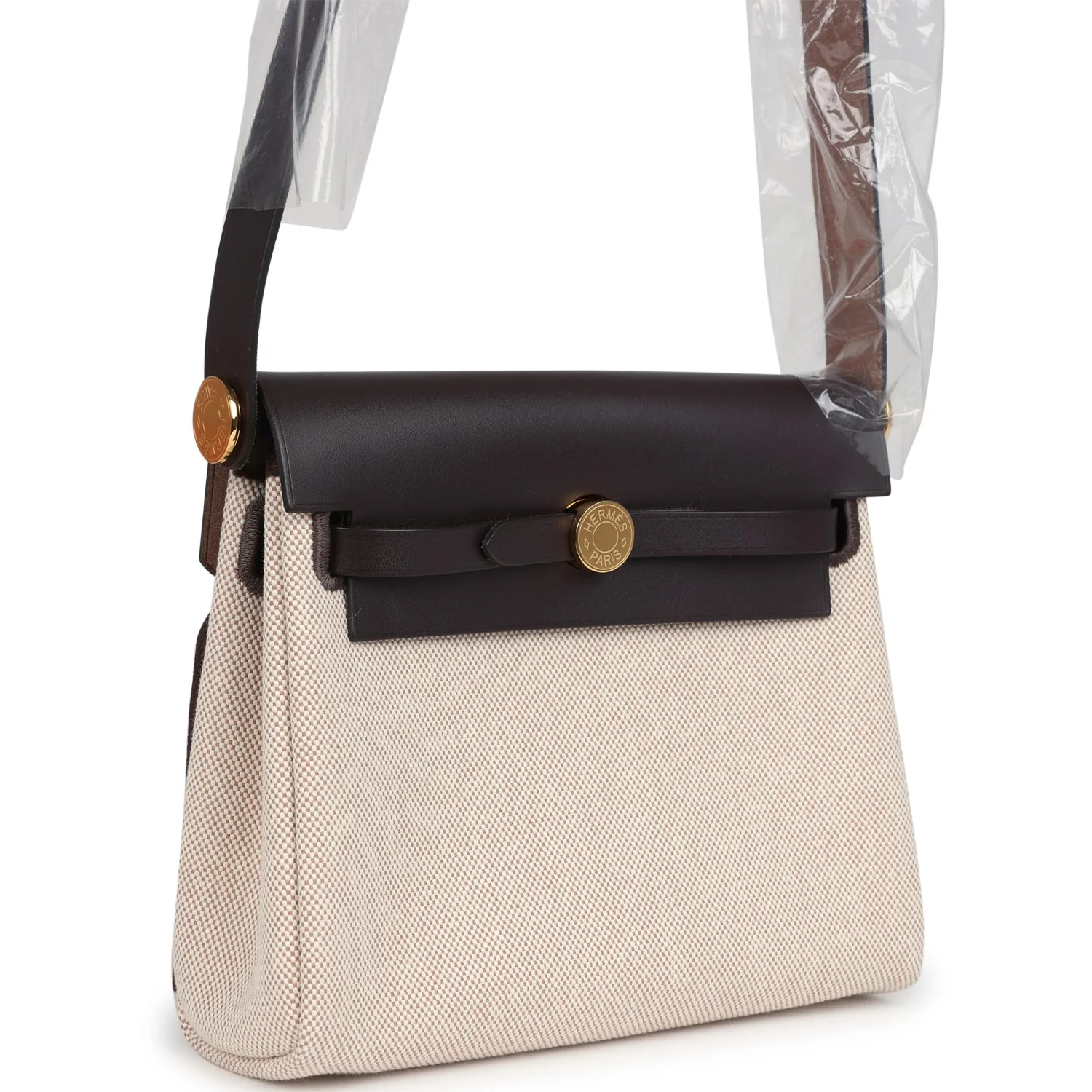 Hermes Herbag Zip 20 Mini Ecru, Beige Toile H Canvas, Ebene Vache Hunter Gold Hardware