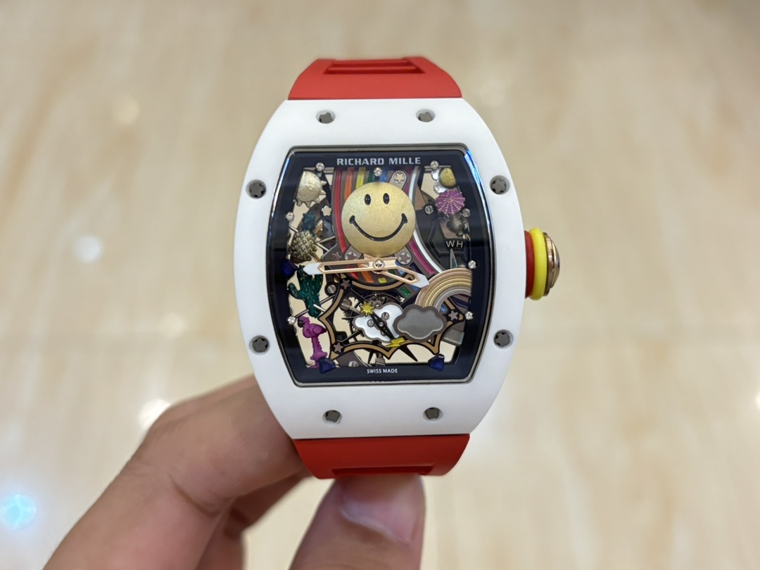 【7A Quality】Richard Mille RM 88 Smiley Automatic Tourbillon Watch Replica, Red Rubber Strap