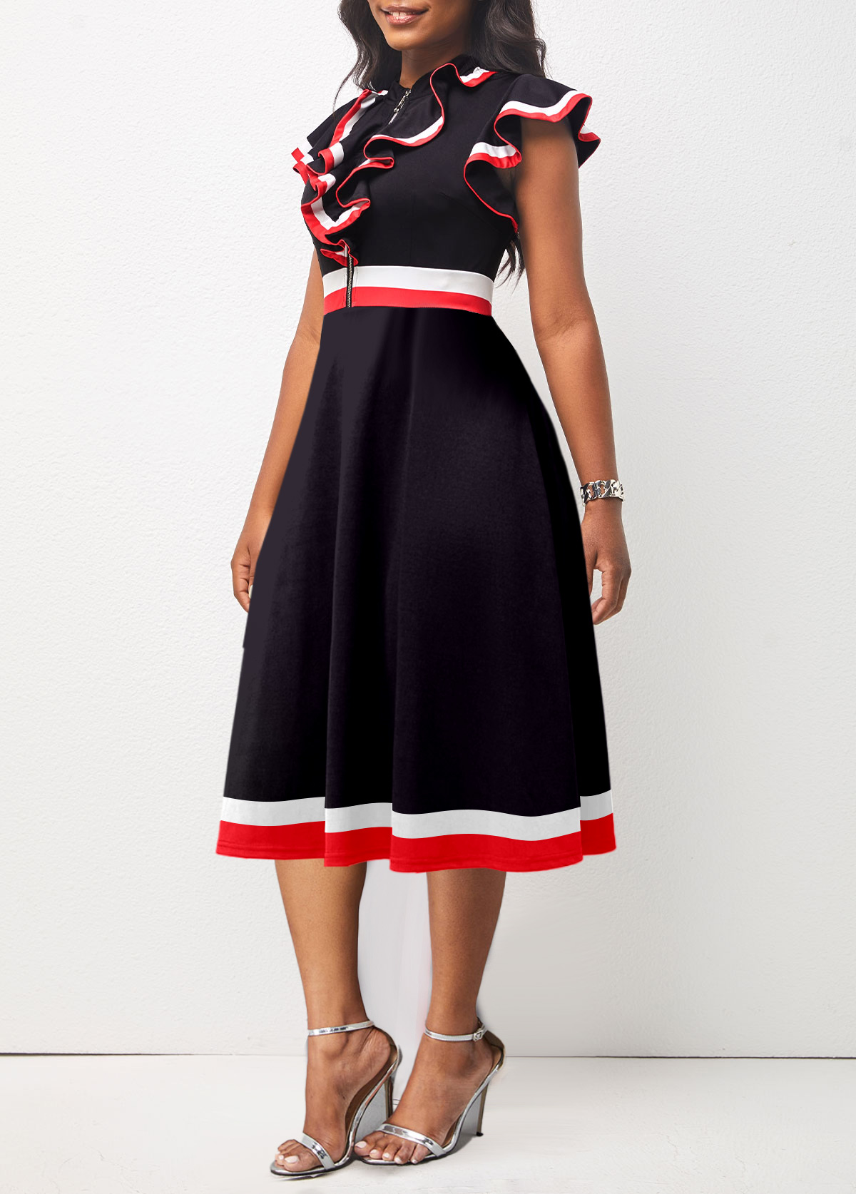 Black Stand Collar Zipper Quarter Zip Dress