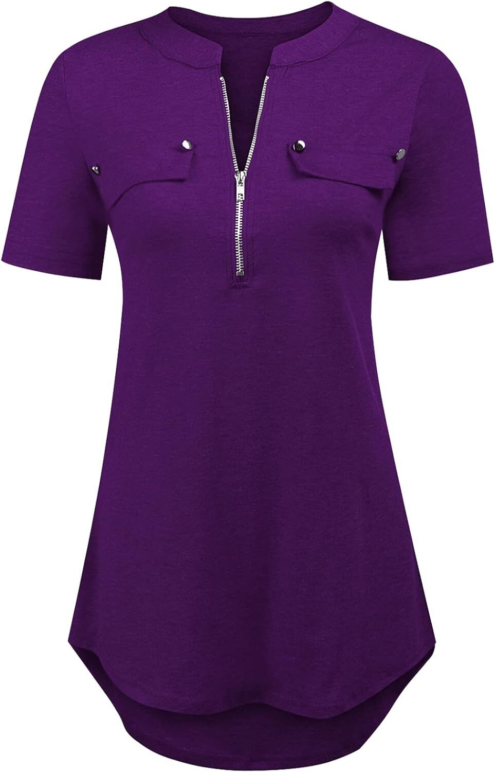 Damen Kurzarm Zip Quaste Long Shirt Business Casual Arbeit Büro Shirt