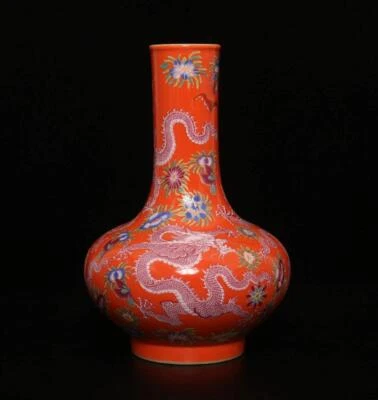 Kangxi Signed Antique Chinese Famille Rose Red Galze Vase W/dragon&peach