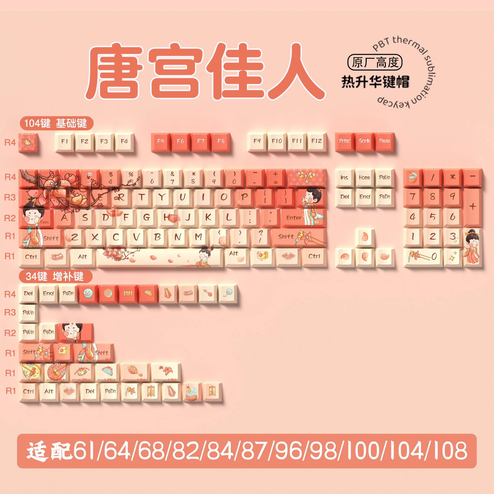 Tang Dynasty Beauty Original PBT Keycap Set – Cherry Profile Full 5-Side Dye-Sub – 138/158 Keys