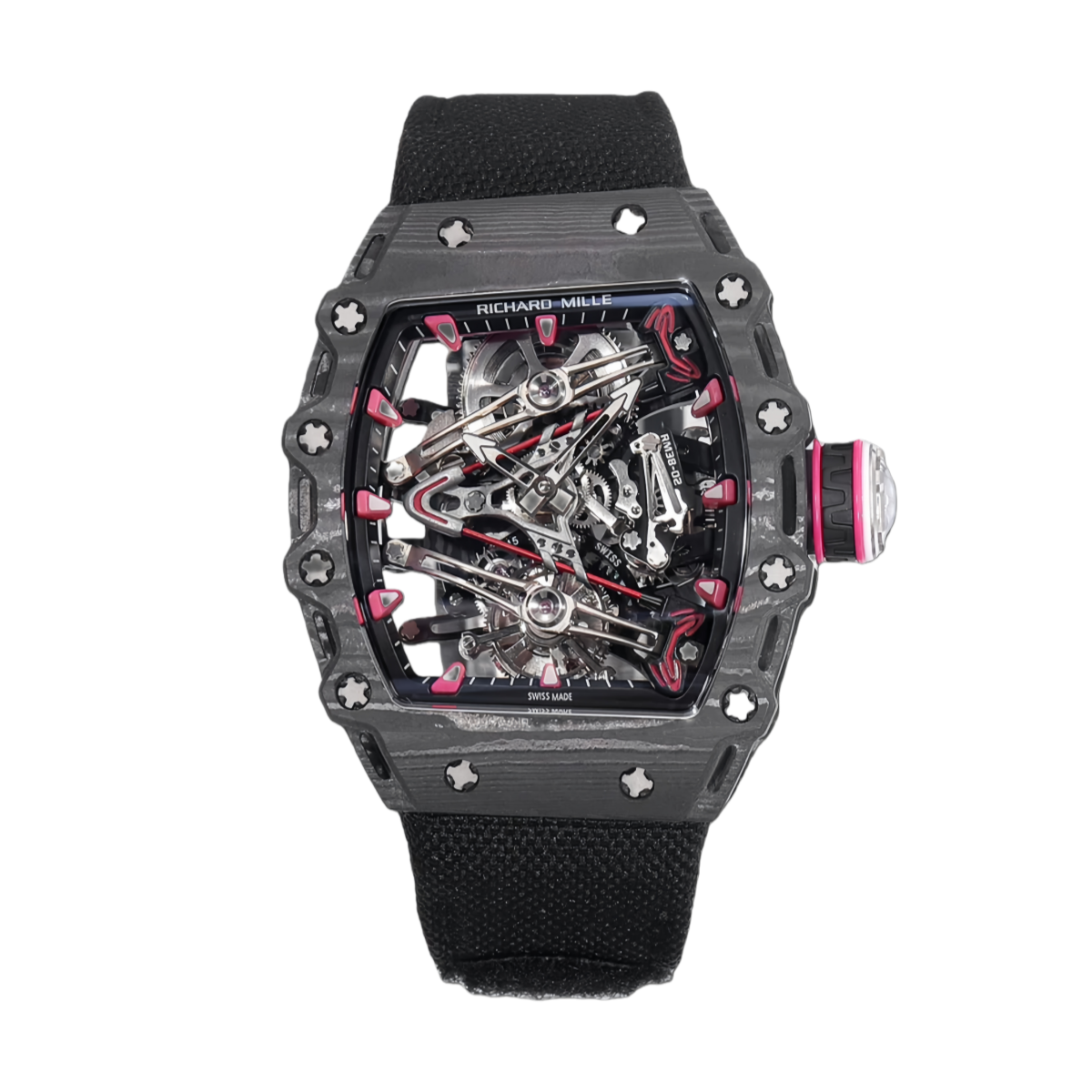 【7A Quality】Richard Mille Bubba Watson Tourbillon RM38-02 Best Edition Black Carbon Case Velcro Fabric Strap