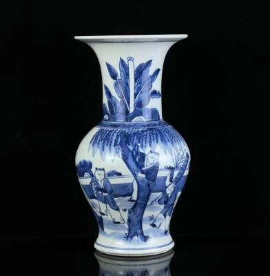 Pair Kangxi Signed Old Chinese Blue & White Porcelain Vase w/ kids CK471