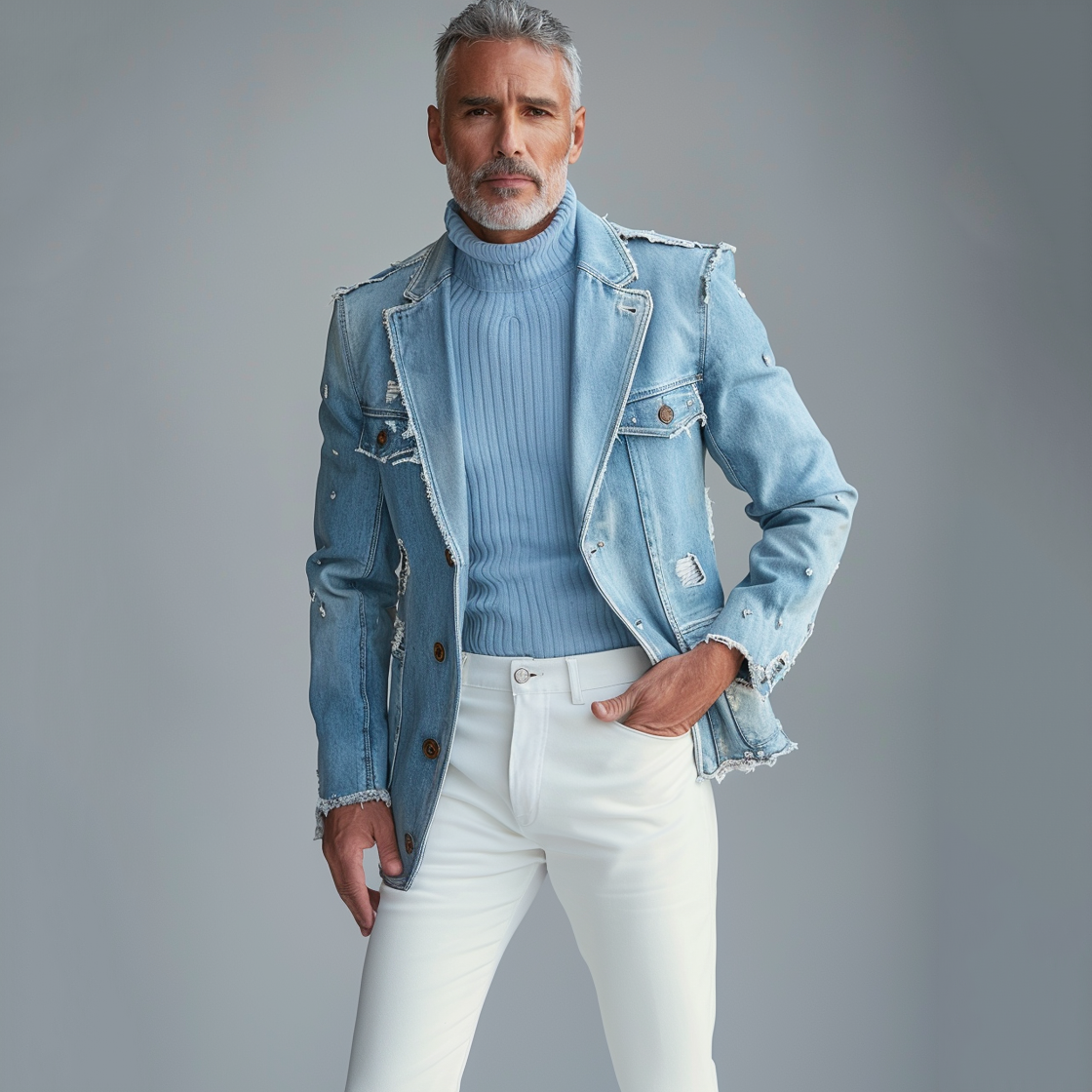 Men's Casual Lapel Collar Single Breasted Ripped Denim Raw Trim Jacket