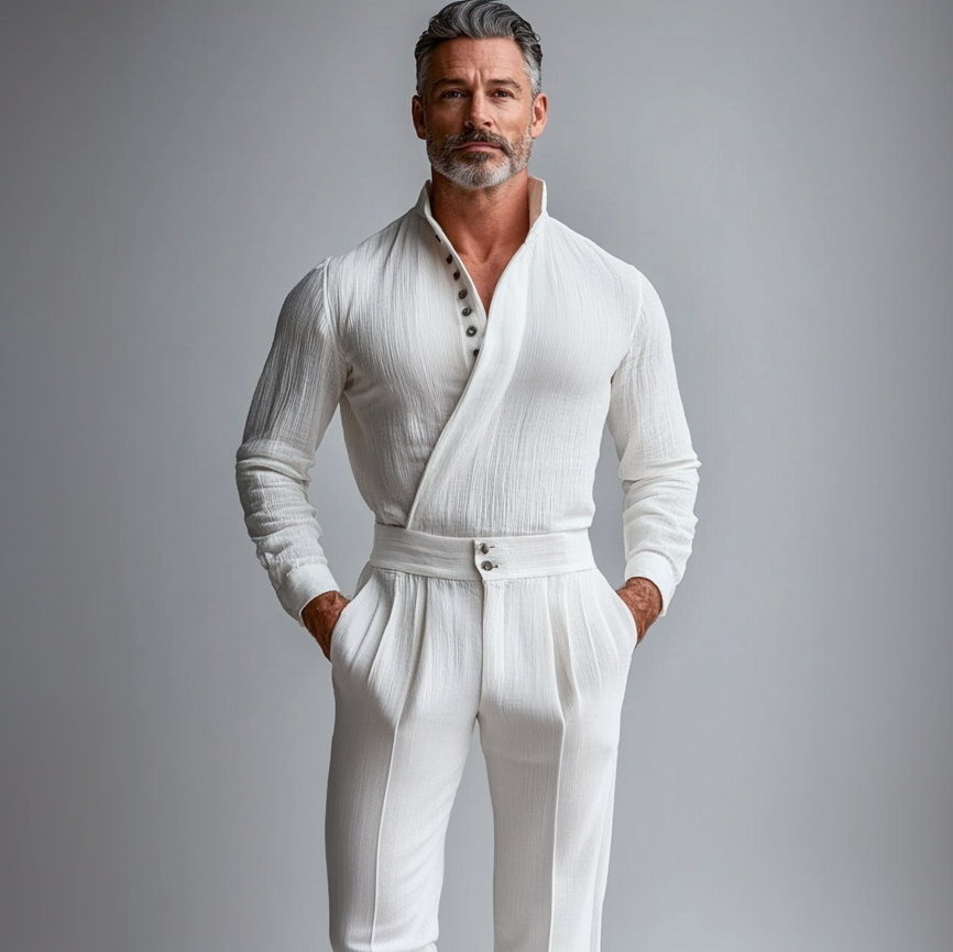 Men's Stand Collar Half Button Wrap Long Sleeve Shirt