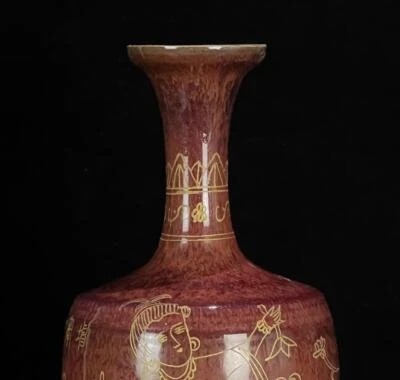31CM Old Chinese Jun Yao Jun Kiln Vase w/lady N557