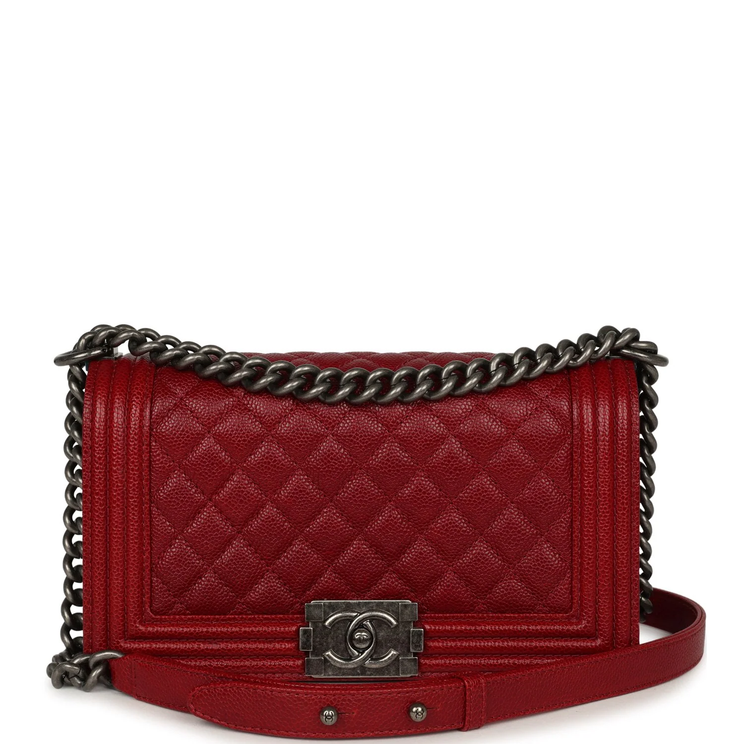 CHANEL Medium Boy Bag Dark Red Shiny Caviar Aged Ruthenium Hardware