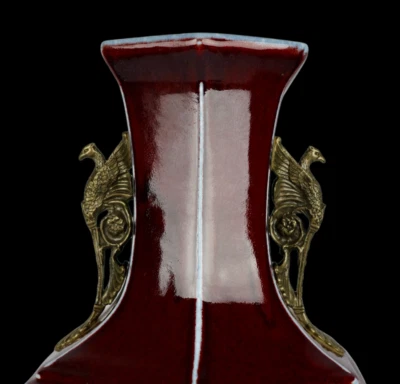 61CM Qianlong Signed Old Chinese Red Glaze Vase w/ear N3975