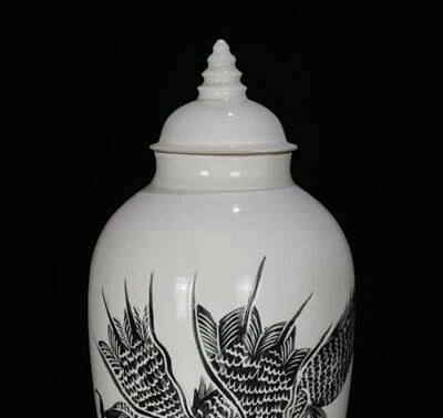 34CM Old Chinese Ding Kiln White Glaze Vase Lid Pot w/dragon N855