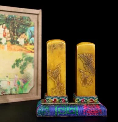 397G Pair Old Chinese Shoushan Stone Seal Stamp Statue w/crane N983