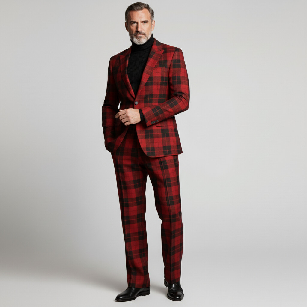 Men's Business Red Peak Lapel Button Long Sleeve Plaid Blazer & Pants 2Pcs Set