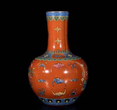 35CM Kangxi Signed Old Chinese Colour Enamel Vase W/flower N3384