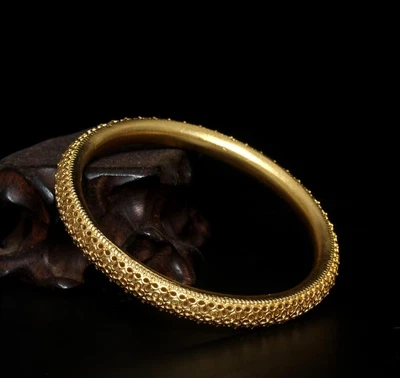 26G Old Chinese Carved Tibet Silver Gilding Bangle Bracelet 63MM