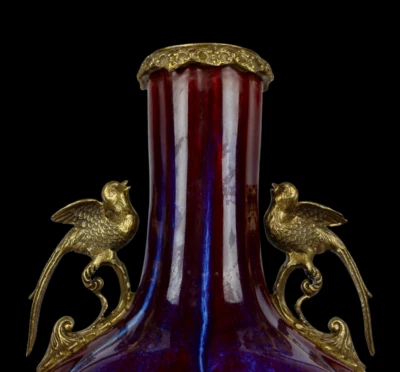 43CM Yongzheng Signed Old Chinese Jun Kiln Yaobian Glaze Vase w/bird N3988