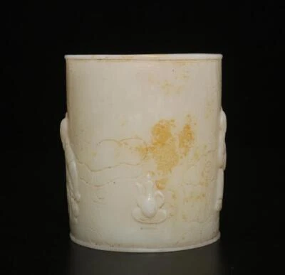 Old Antique Chinese White Jade Brush Pot w/figure