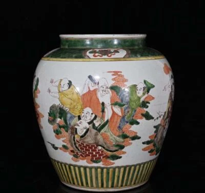 47CM Kangxi Signed Old Chinese Wucai Pot Jar W/Buddha N324