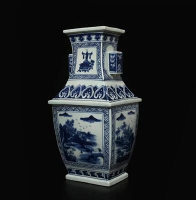 37CM Kangxi Old Signed Antique Chinese Blue & White Porcelain Vase w/ landscape
