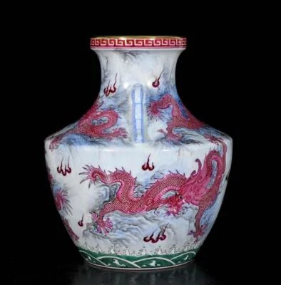 27CM Qianlong Signed Old Chinese Carmine Red Glaze Vase w/dragon N3725