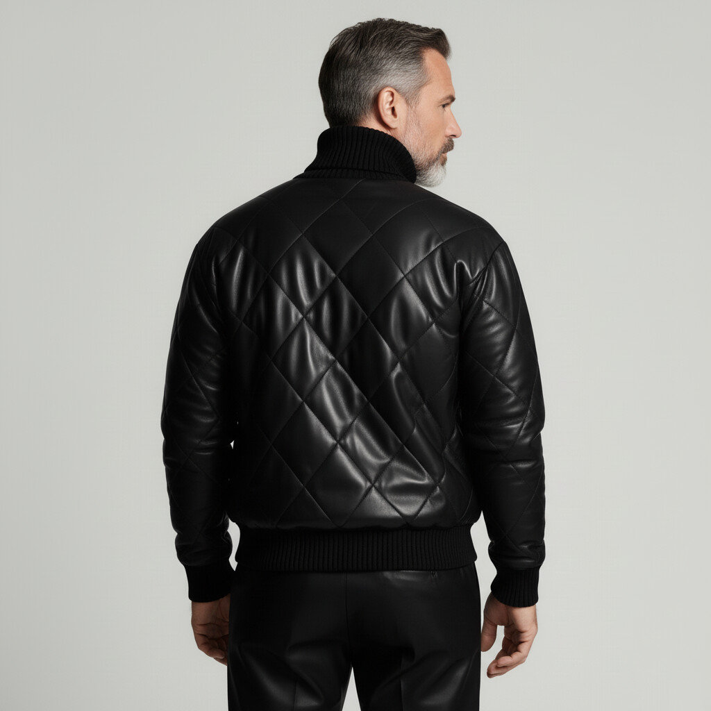 Men's Black Knit Trim Turtleneck Long Sleeve Quilted PU Leather Sweatshirt